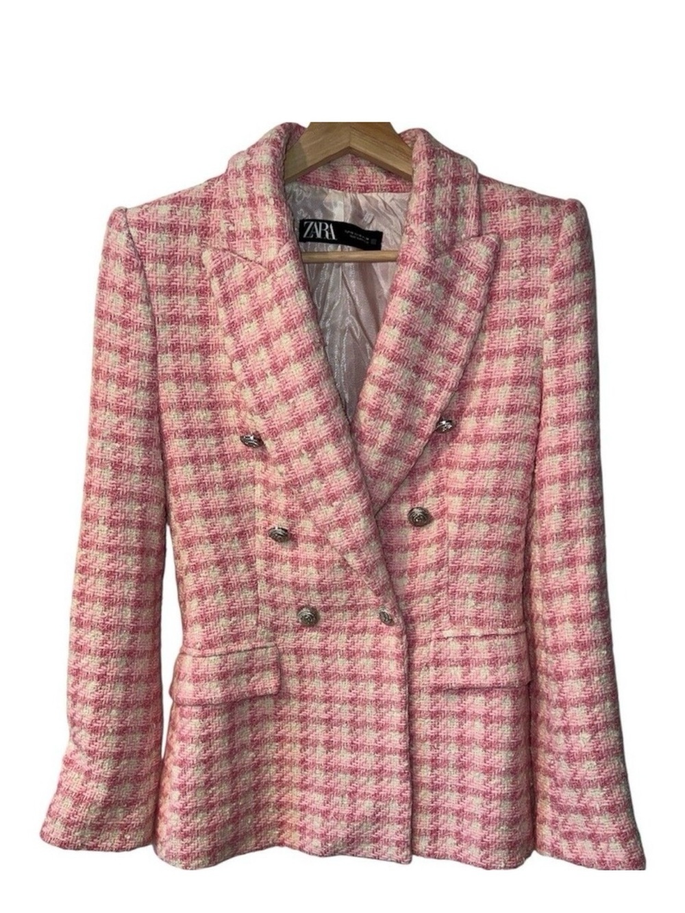 Zara Pink & Cream Houndstooth Double-Breasted Tweed Blazer